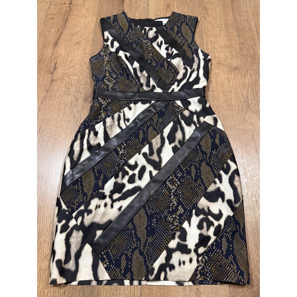 Diane von Furstenberg DVF Animal Print Leather Trim Sheath Dress Size 2